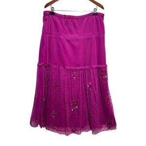 VTG Pink Sheer Beaded Sequin Boho Romantic Maxi Skirt 1X Tiered Fairygrunge Y2K